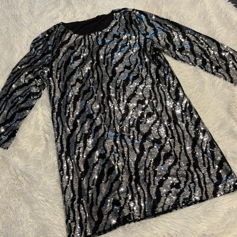 Tildon Black and Silver sparkle animal print sequin party dress woman’s medium